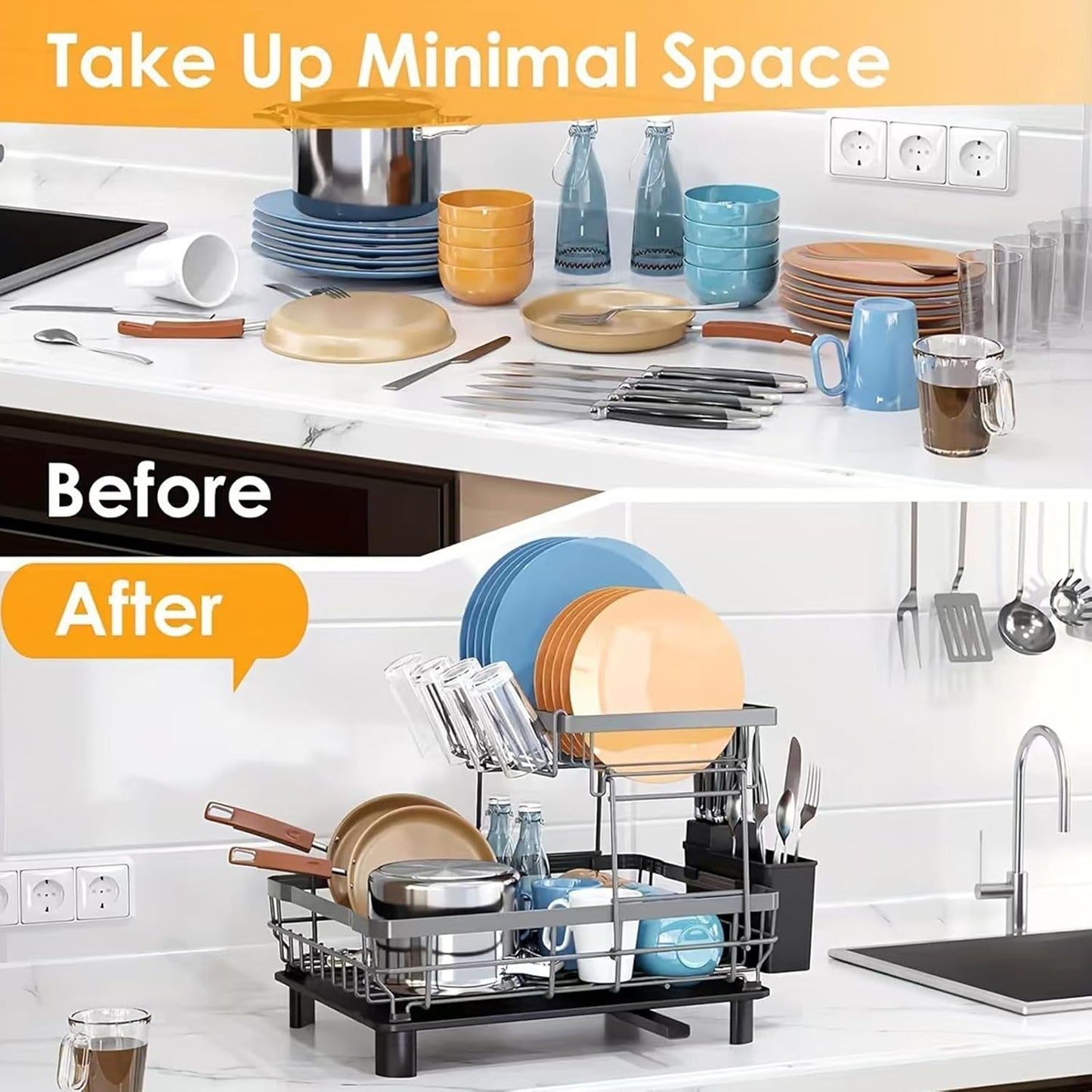 Dish Drying Rack, Space Saving & Durable, Rust-Proof Large 2 Tier Stainless Steel Dish Racks for Kitchen Counter with Cutlery & Cup Holder & Drainboard -Grey