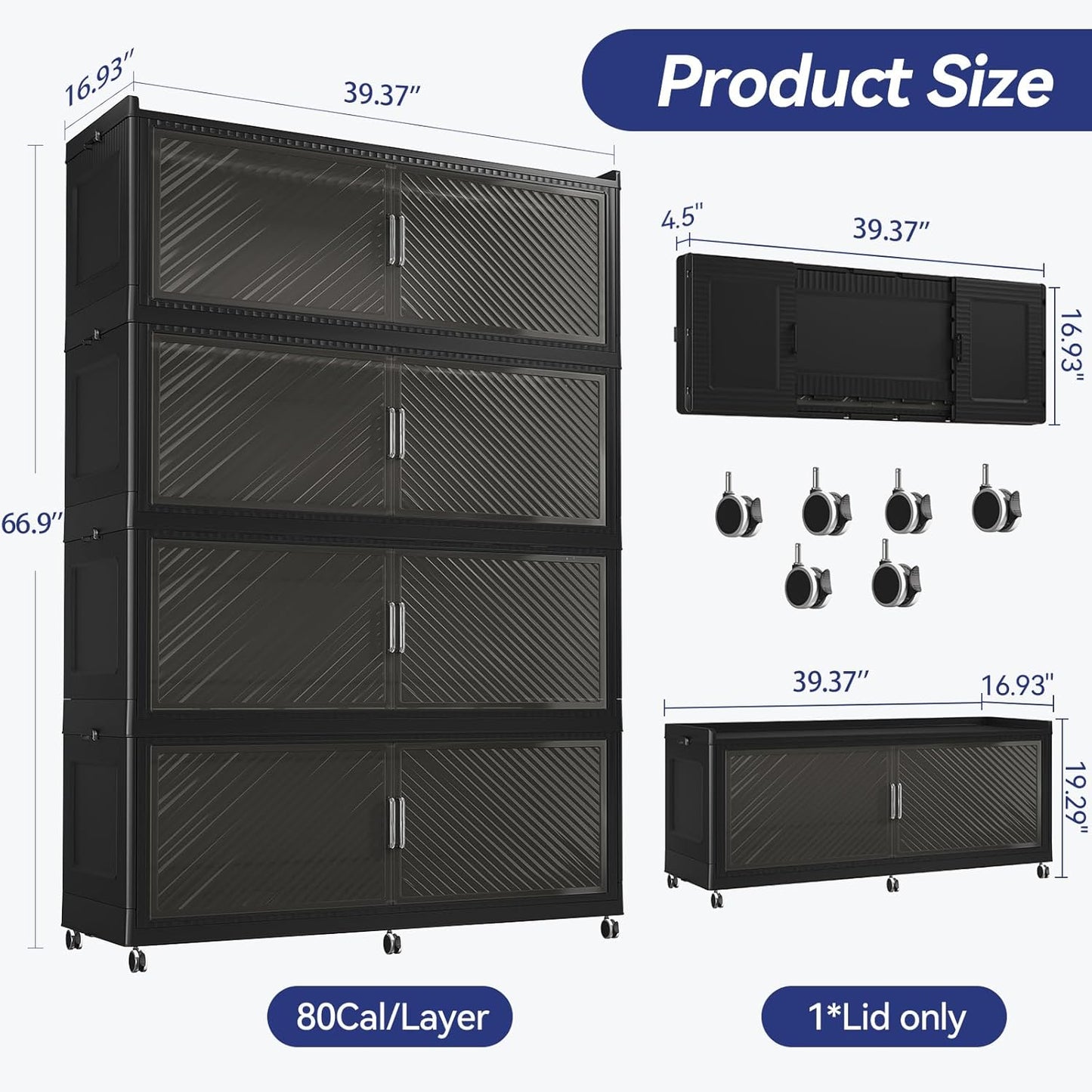 320GAL Extra Large Storage Bins with Lid, 1280QT Collapsible Organizer with Wheels, Stackable Closet Cabinet with Doors, Folding Storage Containers for Home, Office, Dorm, 4Pack Black