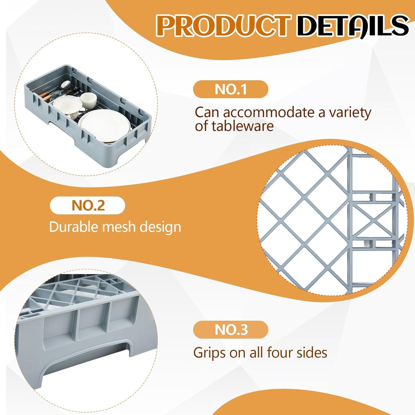 Commercial Dishwasher Tray Rack Polypropylene Full Size Flatware Rack for Bowls Plates Knives Forks Cups (19.7 x 9.84 x 1.97 Inch,Gray)