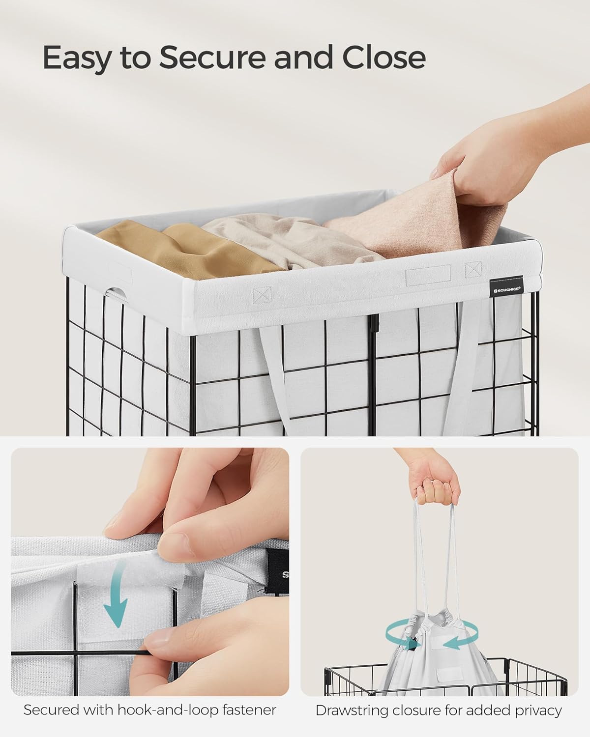 SONGMICS Laundry Hamper, 11 Gal. (50L) Laundry Basket, Collapsible Clothes Hamper, Removable and Washable Liner, Metal Wire Frame, for Bedroom Bathroom, Cream White ULCB150W01