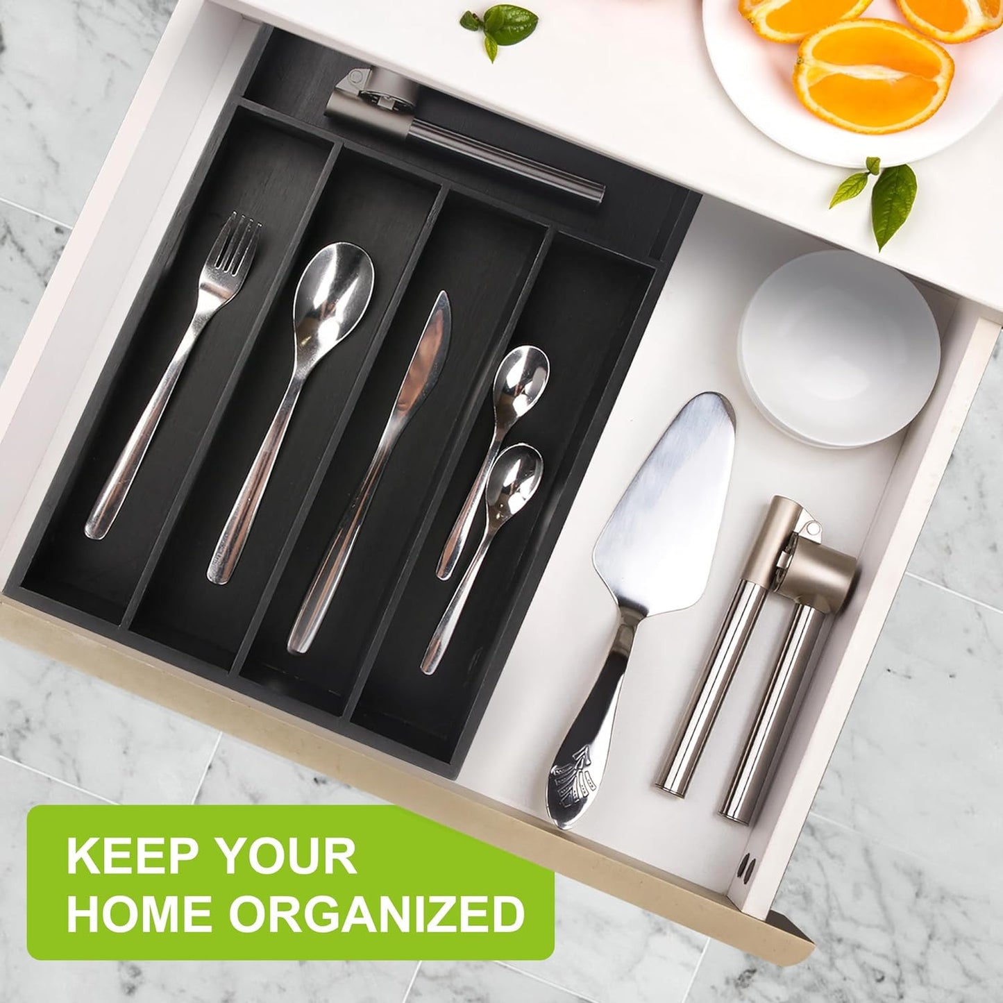 Bamboo Kitchen Drawer Organizer - silverware organizer - Cutlery Tray - Utensil Tray - drawer dividers and Utensil Holder with Wood Silverware Holder for Flatware Cutlery (5 Slots, Black)