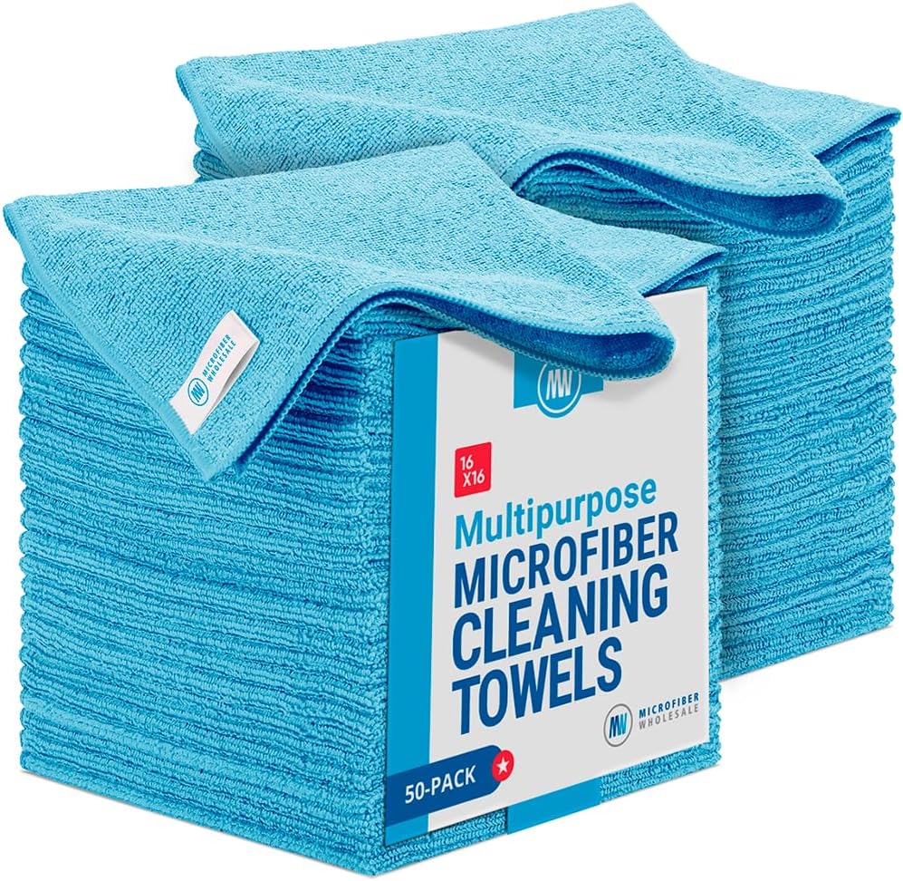 Microfiber Wholesale 16" x 16" All Purpose Towels - 50 Pack - Reusable Wash Cloths, Dust, Kitchen, Car, Shop Rags for Cleaning (Blue)