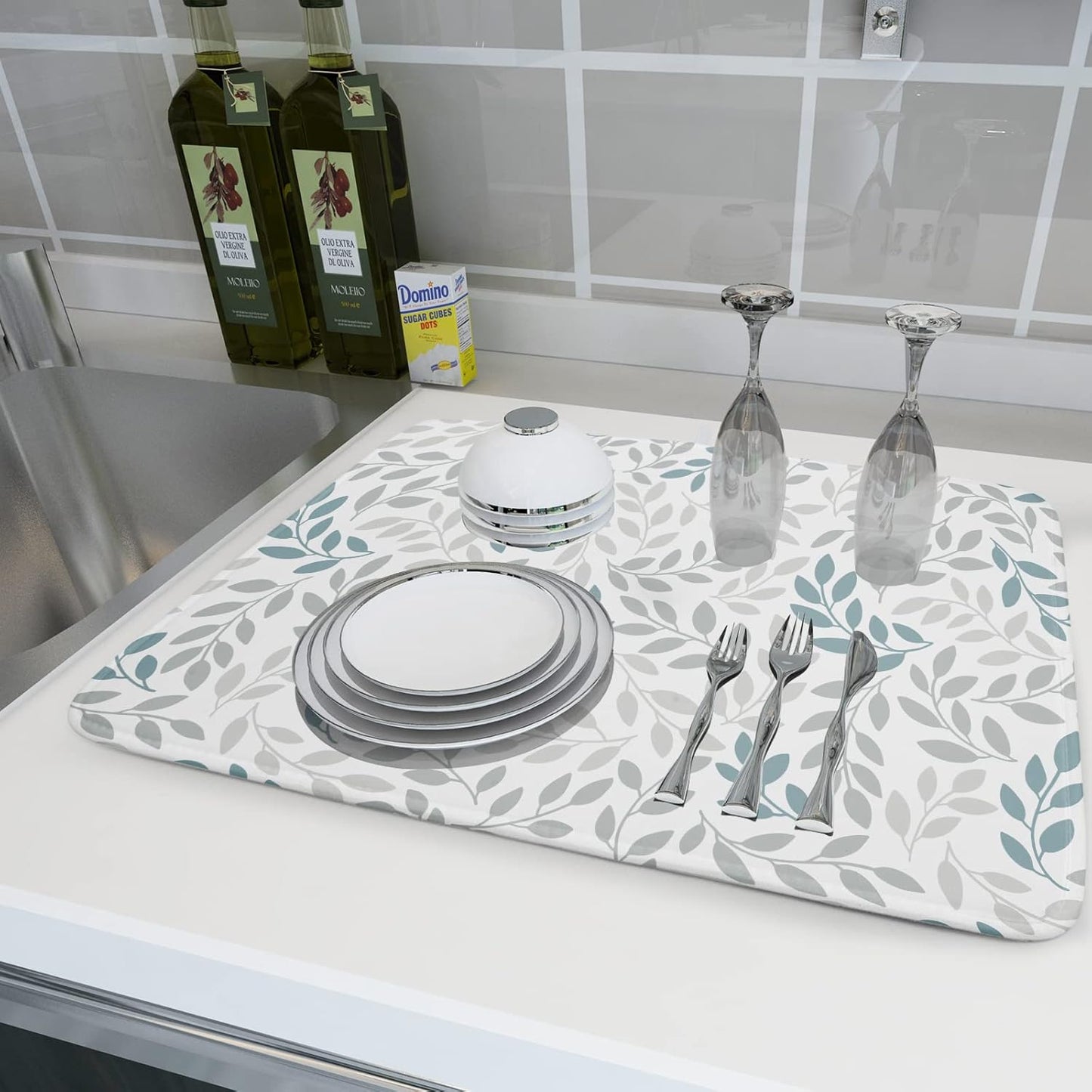 Leaves Branches Dish Drying Mat 18x24 for Kitchen Counter Decor Grey and Blue Leaf Absorbent Reversible Plant Dish Mat Microfiber Drying Pad Dish Drainer Rack Mats for Coffee Bar Home Decor