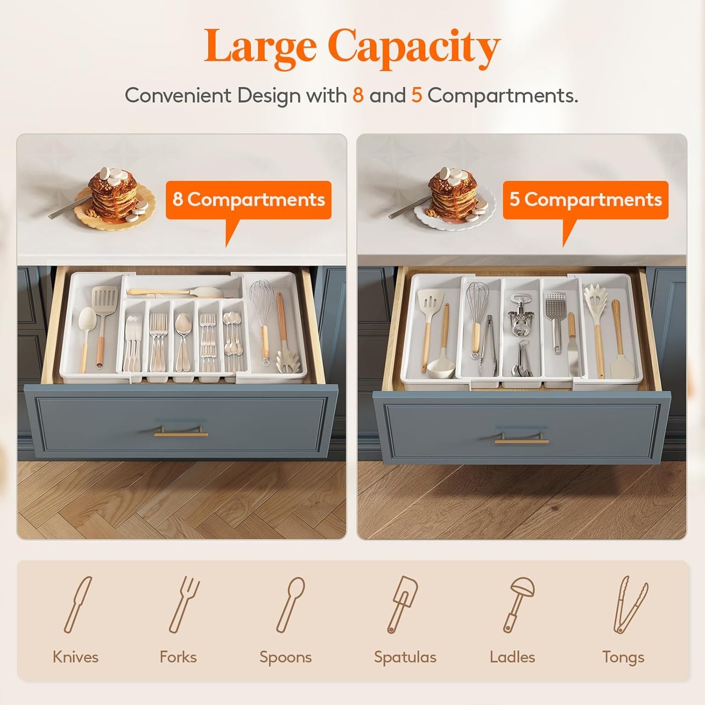 Lifewit Silverware Drawer Organizer and Utensil Organizer Set, Expandable Cooking Cutlery Tray for Kitchen, Adjustable Plastic Flatware Holder Storage Divider for Spoons Forks Knives, Large, White