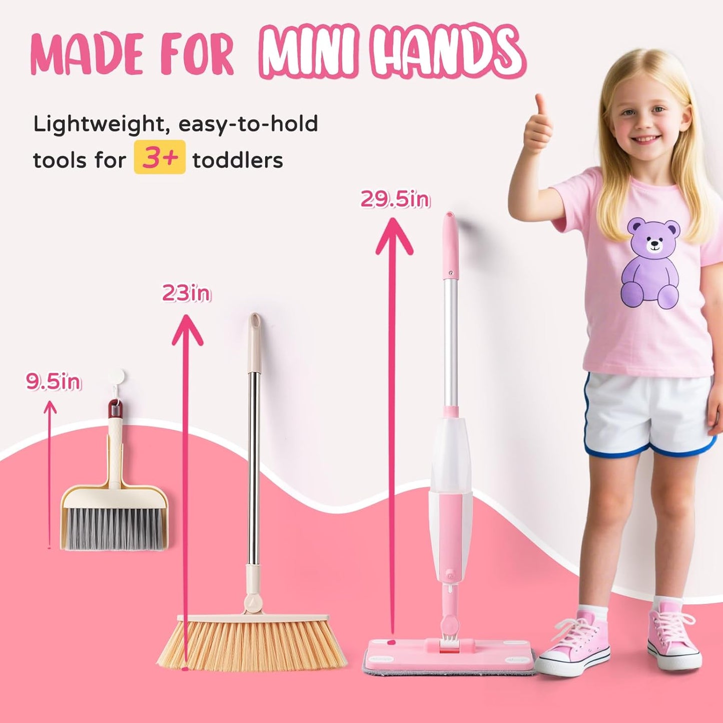 Kids Cleaning Toy Set,Pink Mini Spray Mop Montessori Toys Pretend Play Cleaning Tool for Toddlers with Spray Mop & Kids Broom Dustpan Set Cleaning Toys Gift for Toddlers Girls Boys Age 3+