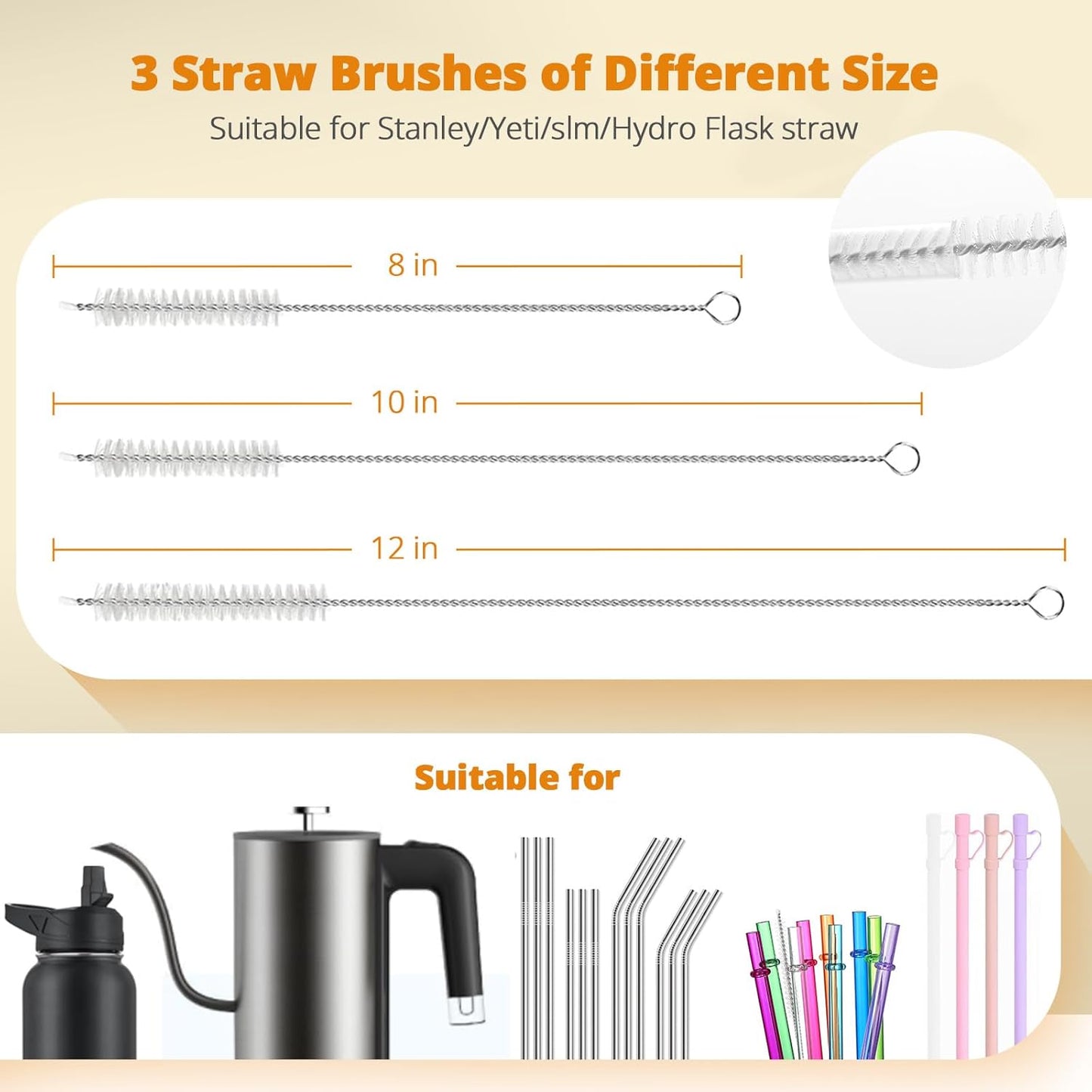 OUTXE 5 Pack Bottle Brush Set, 5-in-1 Water Bottle Cleaner Brush, 15"" Long Handle Bottle Cleaning Brush, 3 Straw Brush, Removable Nipple Brush, Detail Brush for Cup Lid Gap, WBBSBLB5