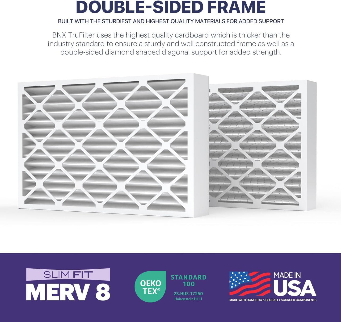 BNX TruFilter 20x25x4 (19.5’’ x 24.5’’ x 3.63‘’ Slim Fit) MERV 8 Air Filter 2-Pack - MADE IN USA - Air Conditioner Furnace Filters HVAC AC Furnace Filters for Dust, Pet, Mold, Pollen MPR 600-700 FPR 5