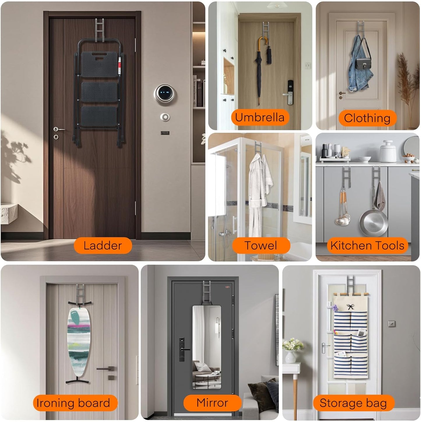 FYY Over The Door Hooks - 4 Pack Heavy Duty Dual-Hook Organizer Hanger with Non-Slip Rubber for Towels, Clothes, Hats & Bags Use in Bathroom, Bedroom, Kitchen - Fits Interior Doors Up to 1.6" Grey