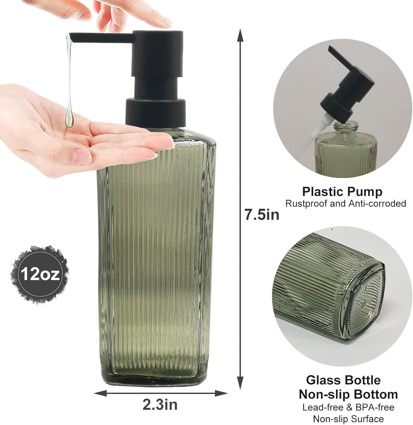 Green Glass Soap Dispenser with Black Pump, 12oz Refillable Liquid Hand Dispenser, Lotion Dish Soap Dispenser for Modern Home Decor, Bathroom, Kitchen Countertop, Hotel