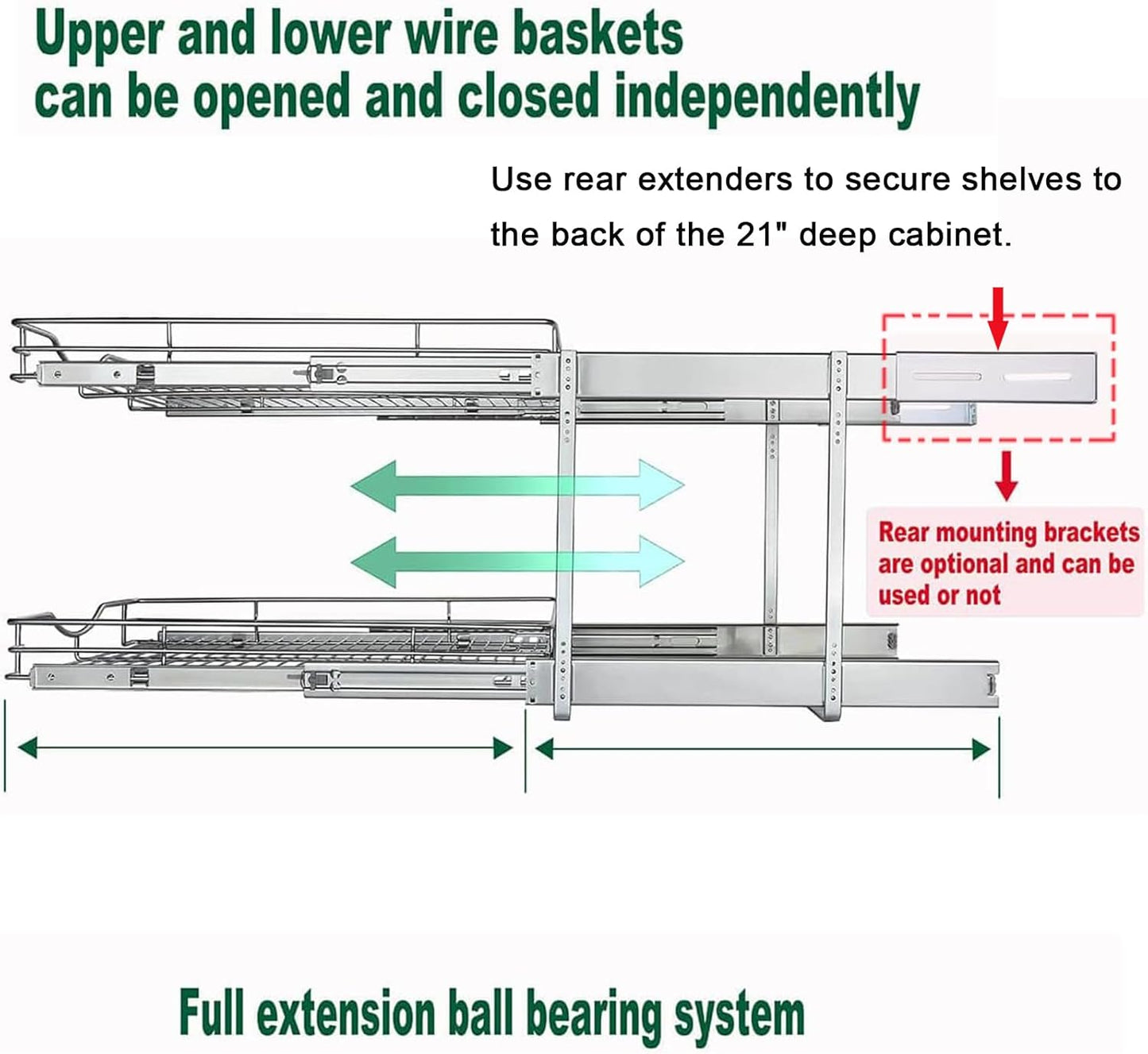 DINDON 2 Tier Pull Out Cabinet Organizer (14" W X 18" D), Double Tier Wire Basket Slide Out Shelf Storage for Kitchen Base Cabinet Organization for Kitchen, Pantry, Bathroom, Chrome