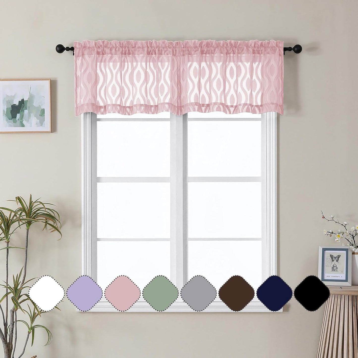 Aiyufeng Pink Curtains Kitchen 14 Inch Length, Clip Jacquard Chic Wavy Line Blush Valances for Windows, Lightweight Airy Rod Pocket Short Curtains for Bathroom Basement, 2 PCS, 40" Wx14 L Inches