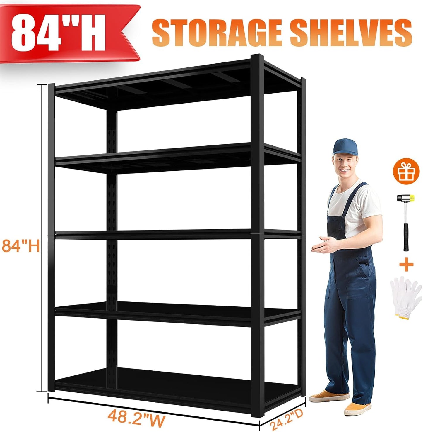 84“H Garage Shelving Heavy Duty Storage Shelves 3000 LBS Adjustable 5 Tier Metal Shelving Uints and Storage for Garage, Warehouse, Commercial, 48" W x 24" D x 84" H, 3 Packs