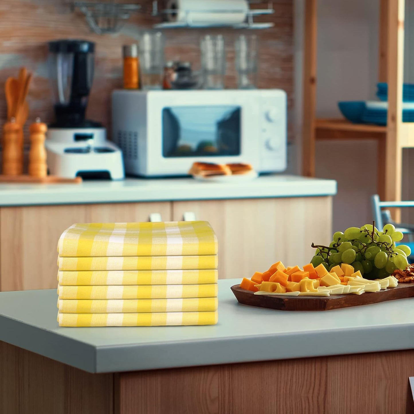 Kitchen Towels Set of 6 Soft Premium Cotton Highly Absorbent Dish Towels 20X30 Inches, Washable & Reusable Tea Towel, Quick Drying Dish Cloths for Cleaning Dishes - Yellow/White, Checks