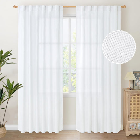 YoungsTex White Linen Curtains 80 Inch Length for Living Room, Light Filtering Semi Sheer Window Drapes Rod Pocket Back Tab Curtain for Bedroom Office Rustic Privacy, 2 Panels, 52 X 80 Inch