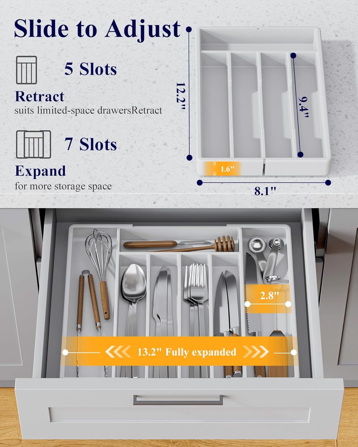 Kitsure Silverware Organizer for Drawers - Expandable Cutlery and Utensil Drawer Organizer with Easy Maintenance, Premium PP Kitchen Organizers and Storage for Flatware, White, 13.2" x 12.2" x 1.6"