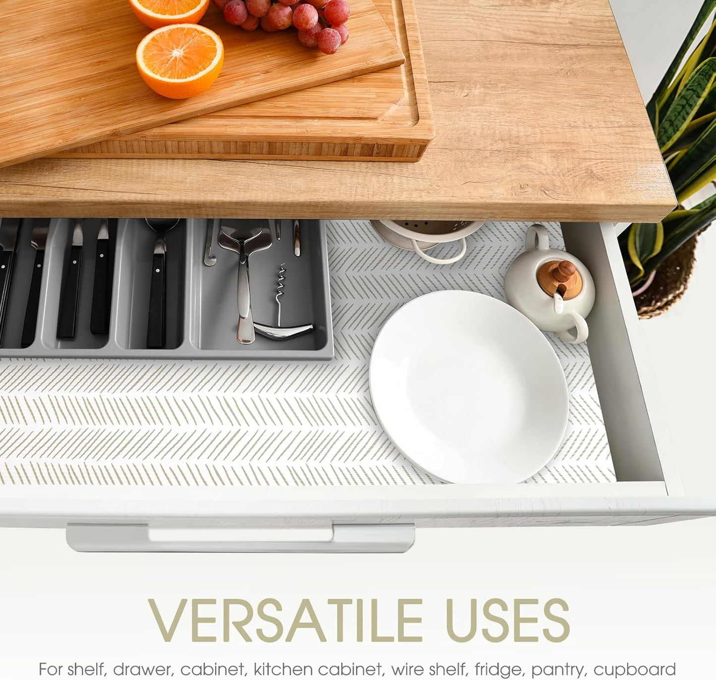 Glotoch Shelf Liners for Kitchen Cabinets, 12in x 20FT Non-Adhesive Liners for Shelves,Non Slip Waterproof Contact Paper for Drawers Pantry EVA Wire Shelf, White and Beige Herringbone