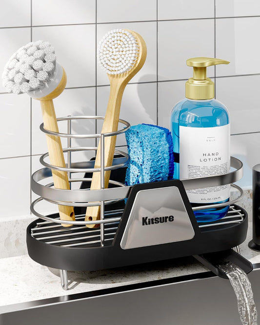Kitsure Sponge Holder for Kitchen Sink - Space-Saving Kitchen Sink Caddy, Rustproof Metal Sink Organizer with Removable Brush Holder, 7.9"×3.9"×5.3", Black