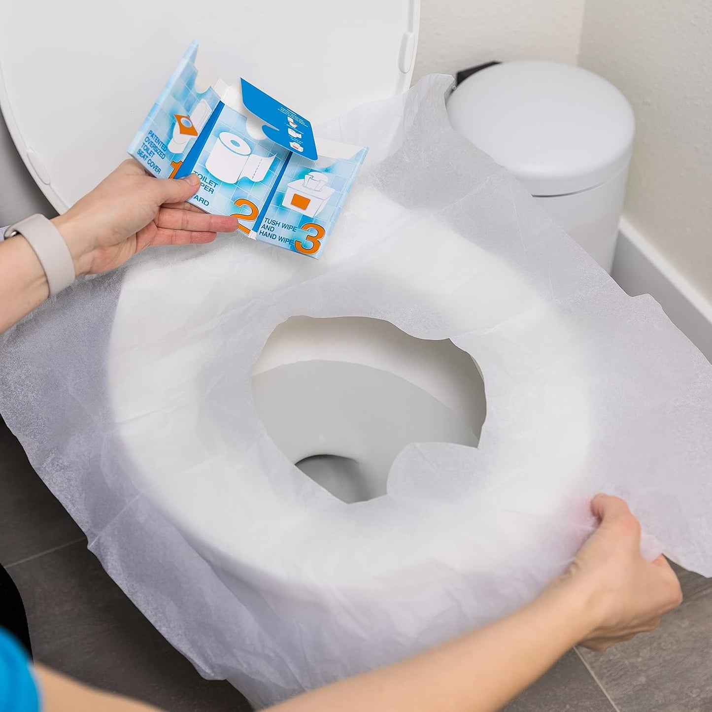 The Restroom Kit Great for travel (3-Pack) Portable Disposable Oversized Toilet Seat Cover, 3ft 3Ply Toilet Paper, Hand & Flushable Tush Wipe.
