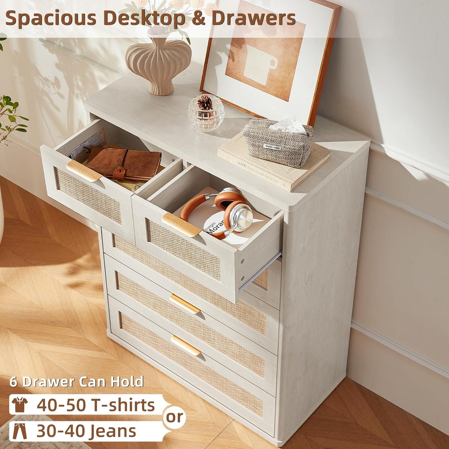 LEYAOYAO White Dresser for Bedroom, 42" Tall Chest of Drawers, Modern 6 Drawers Boho Rattan Dressers with Storage, Dresser Wooden Closet Organizer for Living Room, Hallway