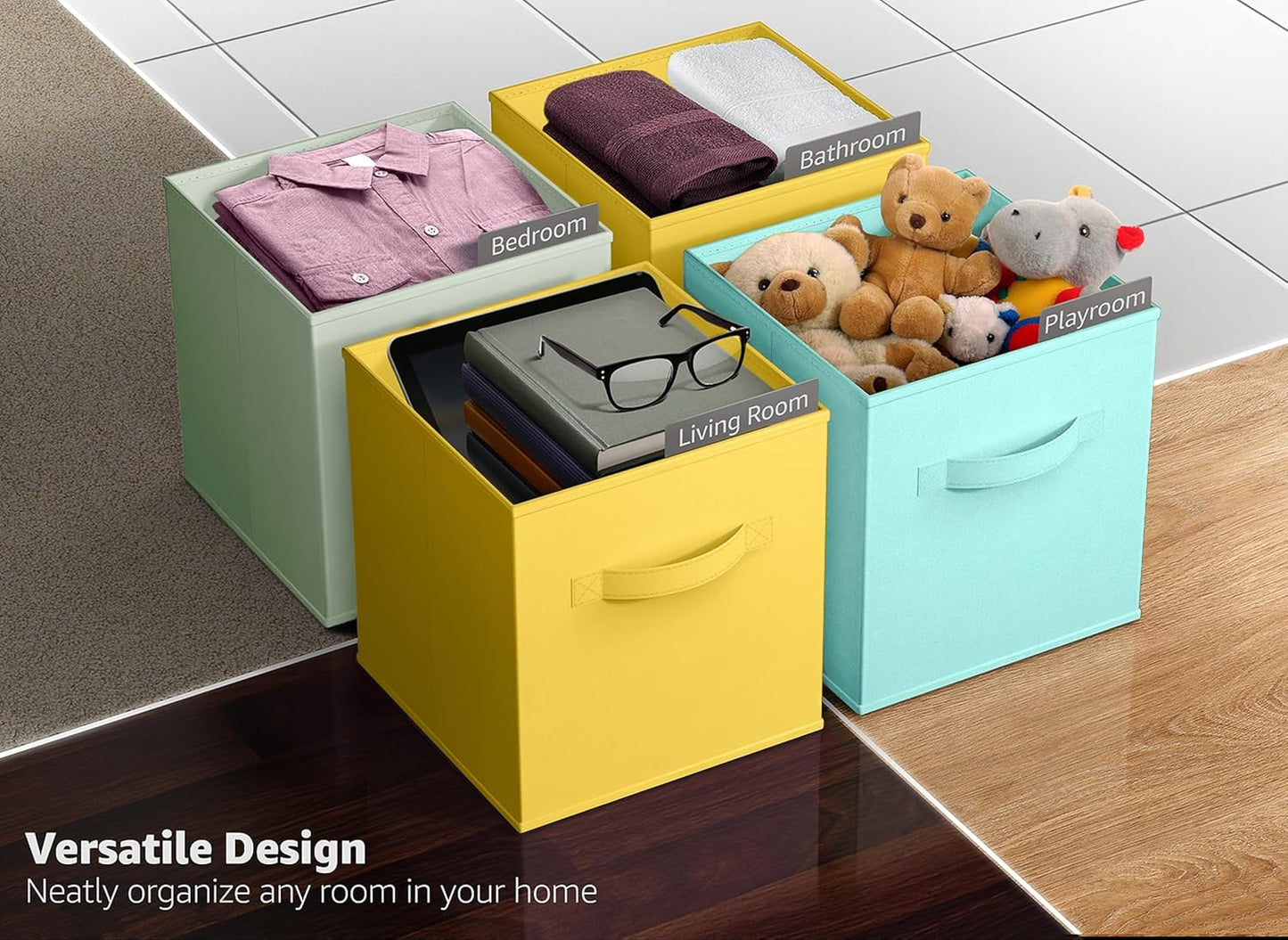 Sorbus Storage Cubes - 11" Foldable Storage Bins with Handle for Nursery, Playroom, Closet Organizers and Storage - 6 Fabric Shelf Basket for Toys, Books, Clothes - Green Yellow & Blue Storage Bins