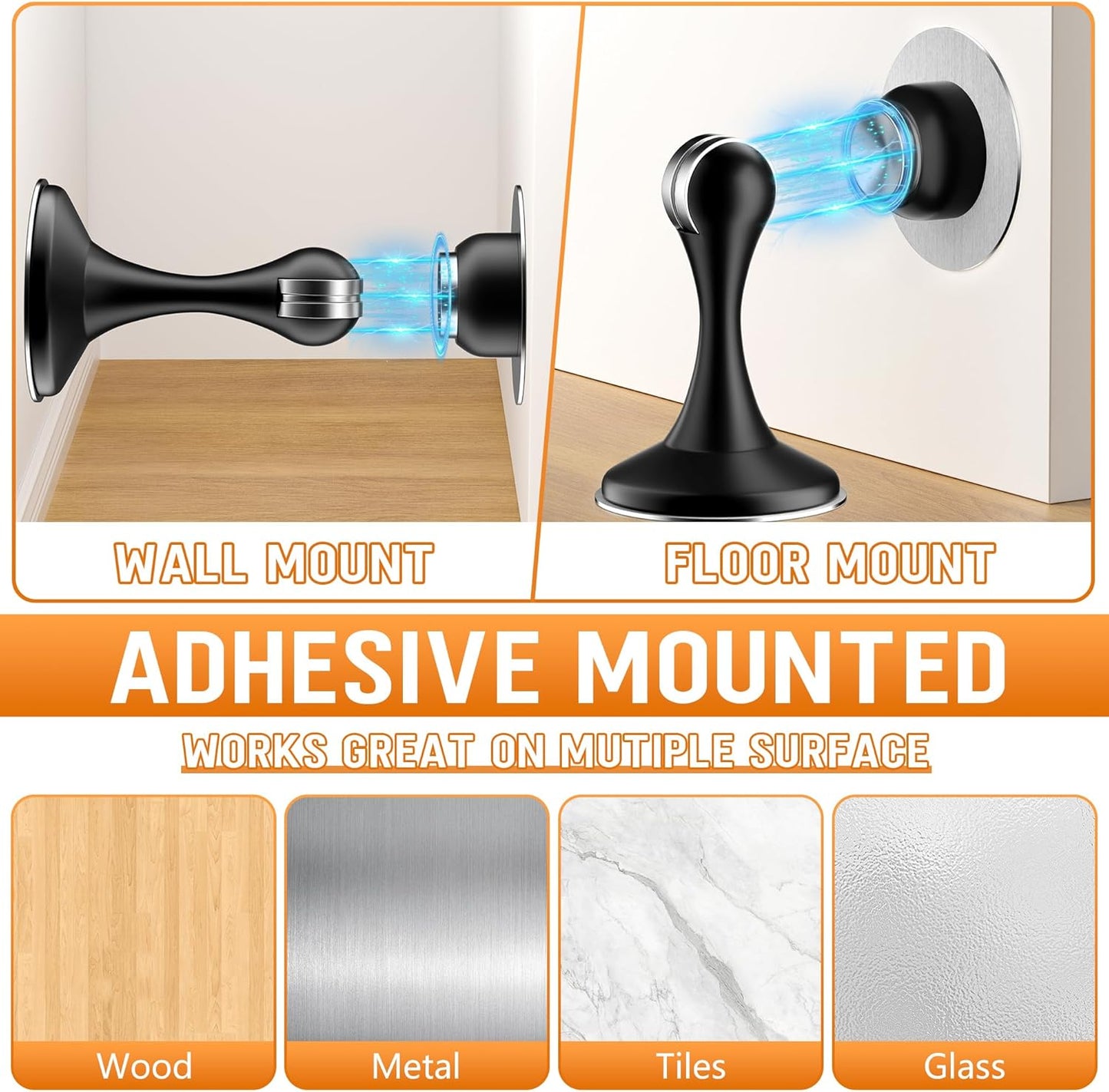 Crosize Magnetic Door Stoppers 4 Pack, Stainless Steel Door Catch for Wall and Floor Mounting, Door Holder Keep Door Open, No Drilling Door Stop with Adhesive Tapes, Black