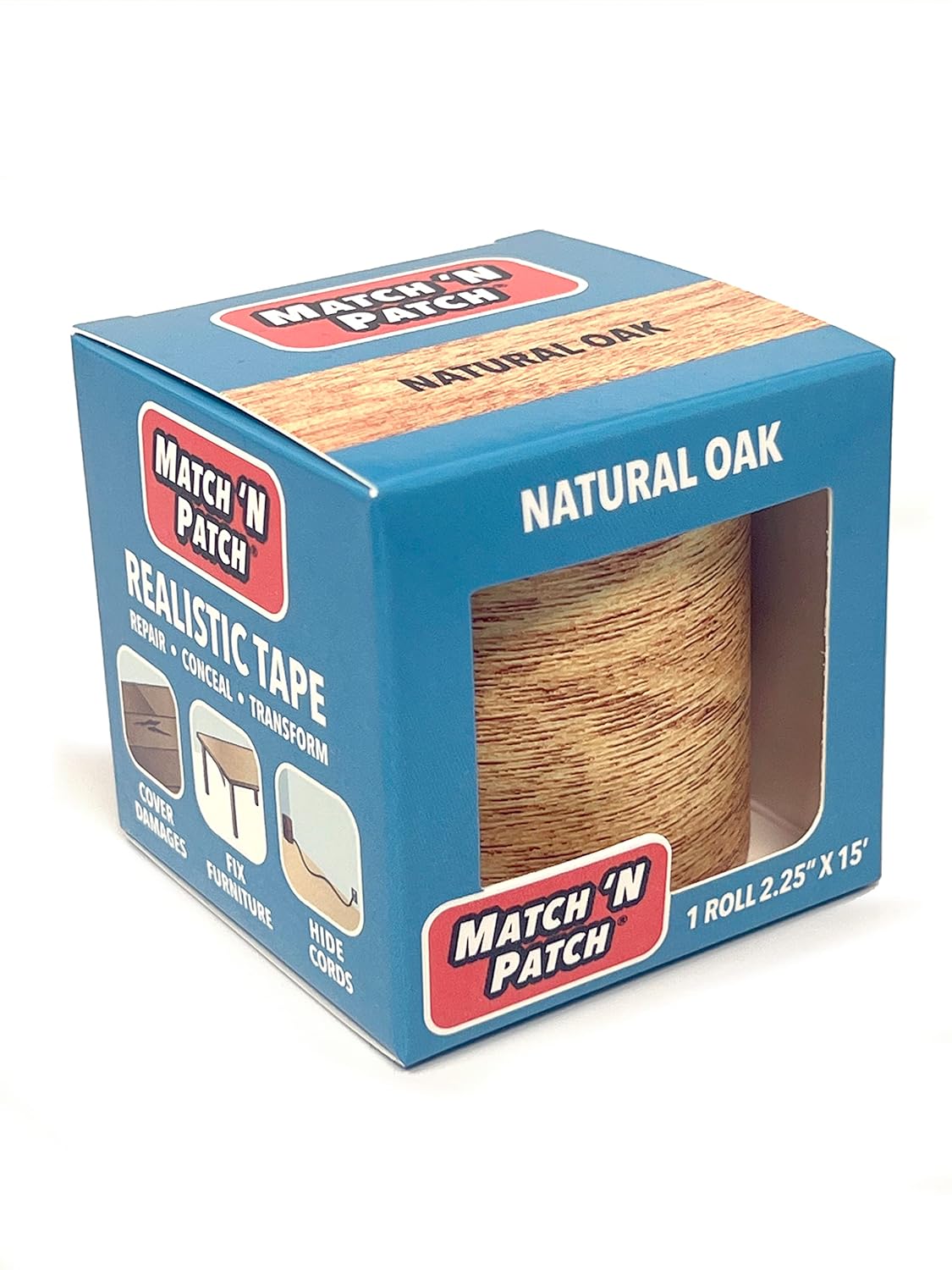 MATCH 'N PATCH Realistic Wood Grain Repair Tape - Durable Multi-Use Adhesive Tape for Furniture, Floors, Cabinets, Windows, Doors, RV, Home Decor & DIY Projects - Natural Oak, 2.25 inch x 15 feet