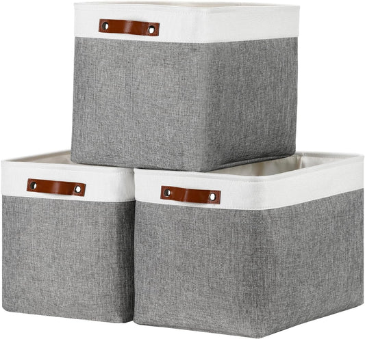 DULLEMELO Large Storage Baskets, Fabric Storage Basket with Leather Handles for Shelves Closet Nursery Toy Storage, Collapsible Fabric Baskets for Toy Book Magazine Towel Organizers(White&Gray)