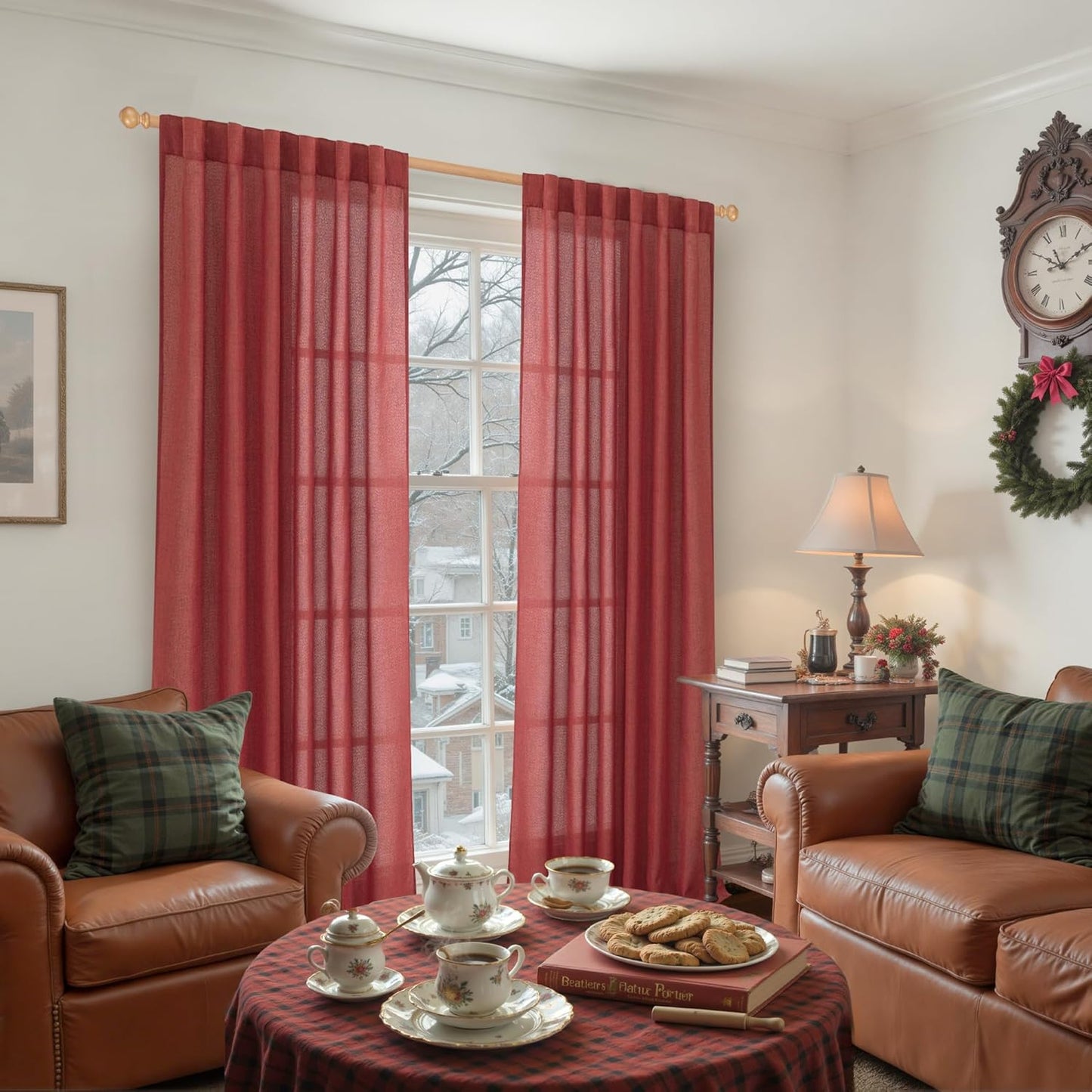 YoungsTex Red Linen Semi Sheer Curtains 84 Inch Length for Living Room 2 Panels Set, Christmas Light Filtering Window Treatments Drapes with Rod Pocket Back Tab for Bedroom Dining, 52 X 84 Inch