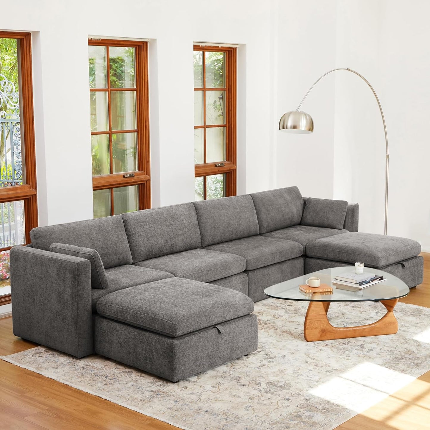 CHITA Oversized Modular Sectional Fabric Sofa Set, Extra Large U Shaped Couch with Reversible Chaise, 146 inch Width, 6 Seat Modular Sofa with Storage Ottamans, Grey