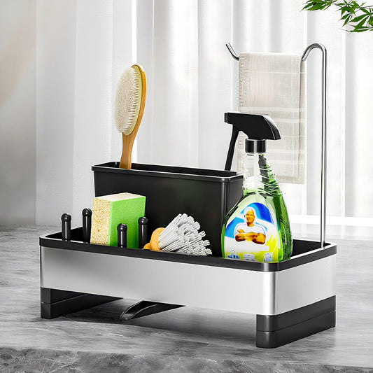 Stainless Steel Sink Caddy, Sponge Holder for Kitchen Sink with Brush Holder & Dishcloth Rack, Rustproof Sink Organizer Countertop, Kitchen Organizers Storage Essentials (D-Black)