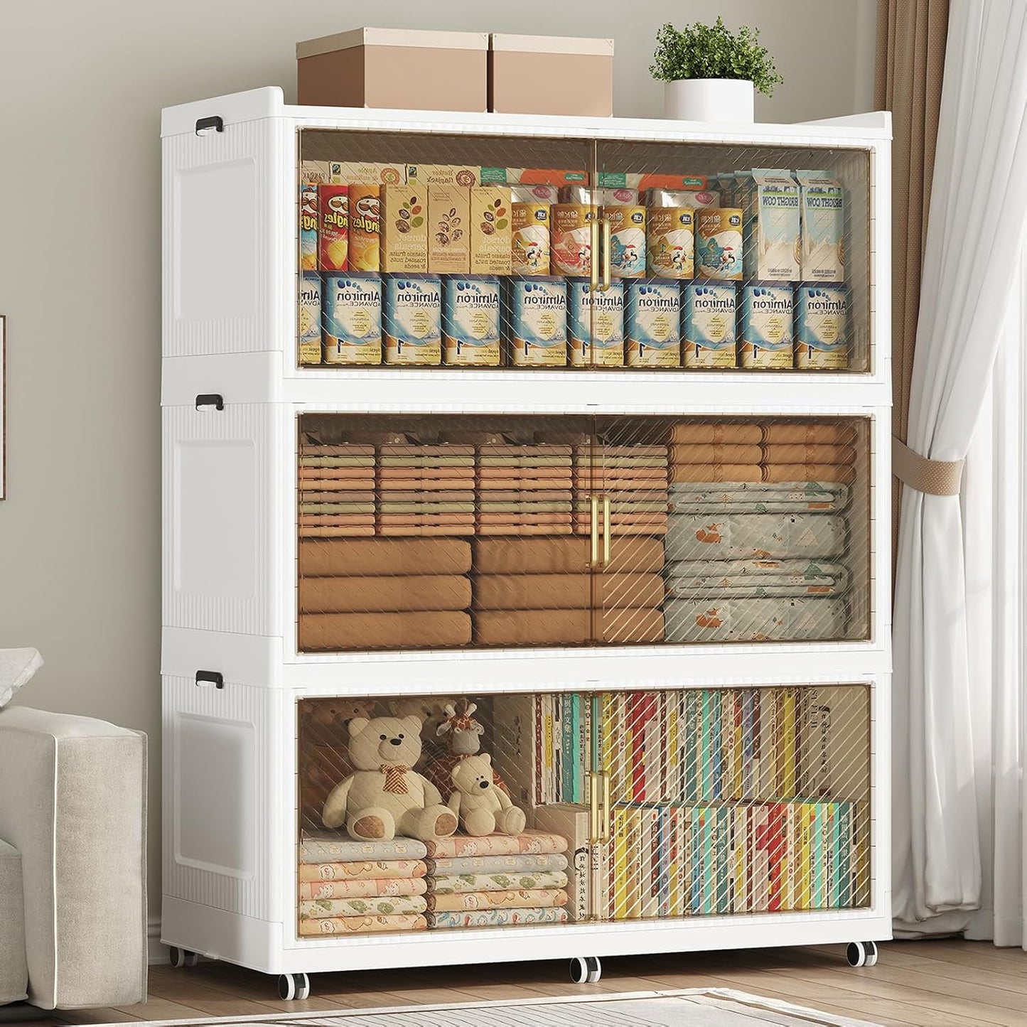 150GAL Extra Large Storage Bins with Lid, 600QT Collapsible Organizer with Wheels, Stackable Closet Cabinet with Doors, Folding Storage Containers for Home, Office, Dorm, 3Pack White