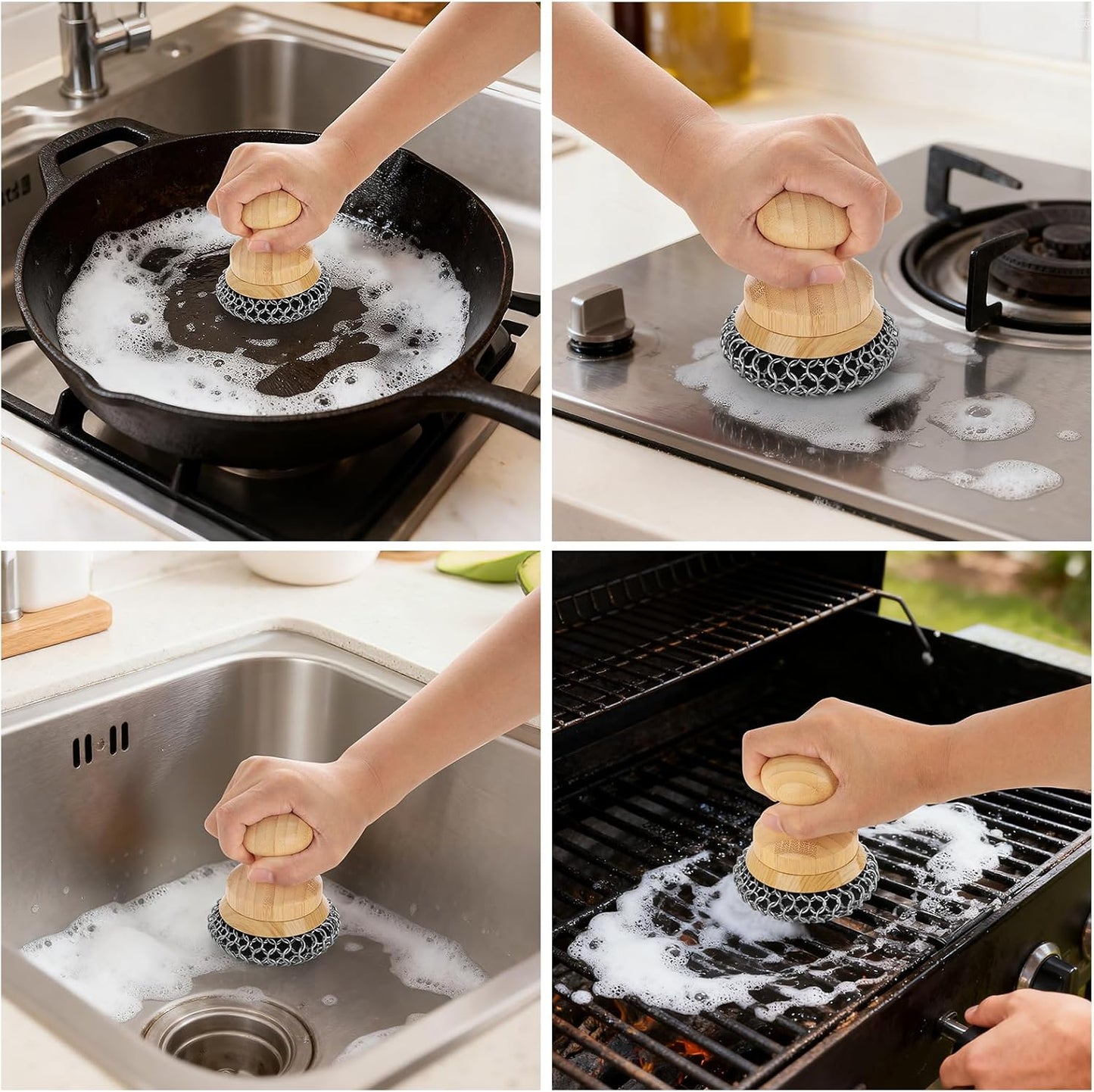 Cast Iron Scrubber and Scraper,Chain Mail Cleaner with Bamboo Handle & Draining Tray,316 Stainless Steel Brush for Cleaning Pots,Pans,Wok,Bakeware,Griddles, Grills(Small&Large ChainMail,2pcs)