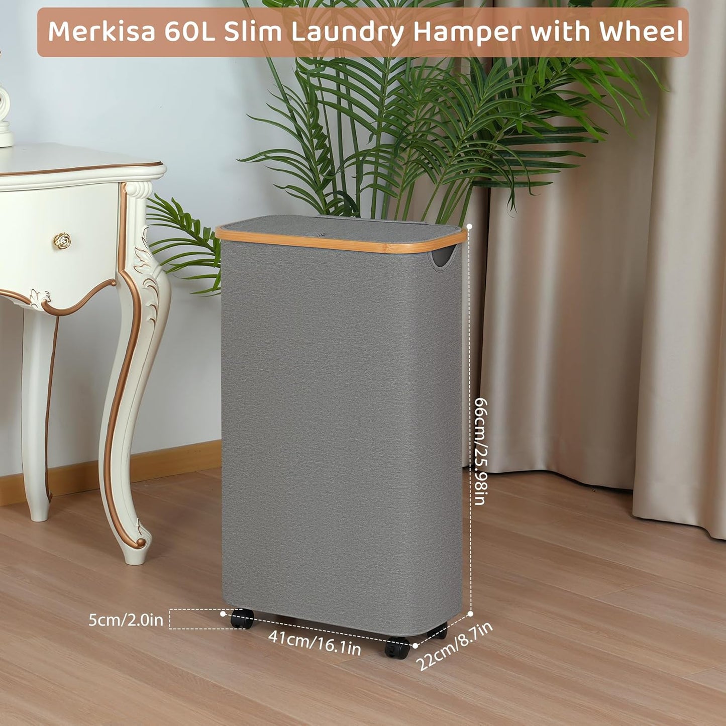 Slim Laundry Basket with Wheels,Narrow Hampers for Laundry, Laundry Hamper with Lid&Bamboo Handles,Dirty Clothes Hamper for for Bathroom Bedroom Dorm, 60L Grey