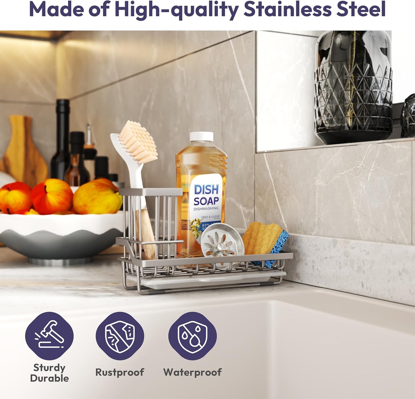 SWTYMIKI Sink Caddy Sponge Holder - Kitchen Sink Organizer with High Brush Holder for Countertop to Hold Dish Soaps and Sponges, Stainless Steel, Sand Nickel