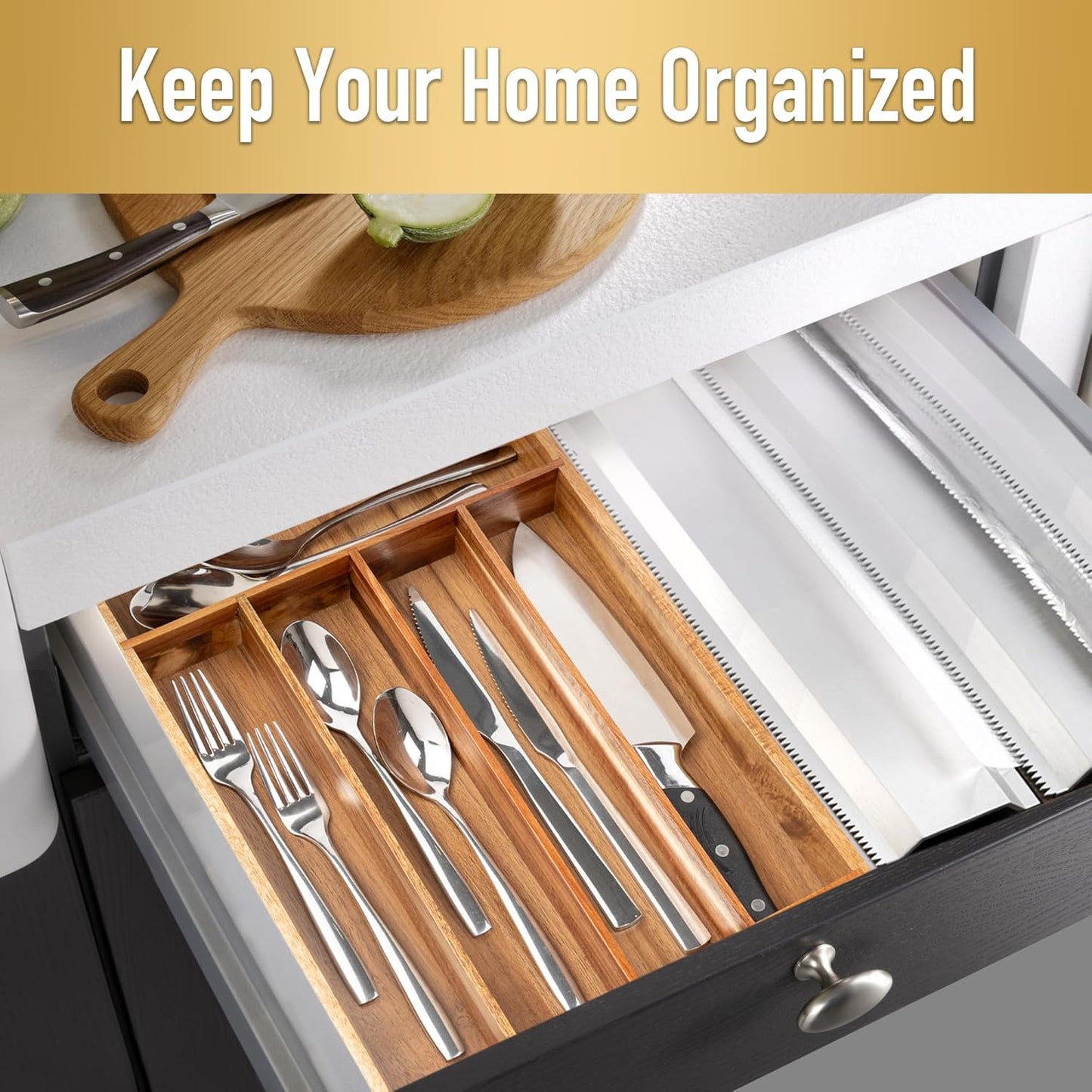 Silverware Organizer Acacia Kitchen Drawer Organizer Utensil Organizer Silverware Holder Cutlery Organizer in drawer Flatware Organizer Tray (Acacia 5 Slots)