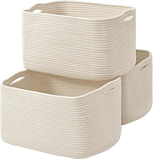 Large Storage Baskets for Organizing Shelves, Woven Cotton Rope Bins for Baby Nursery Organization, Book Toy Towel Organizer, 17"x13"x9.5", 3 Packs, Off White