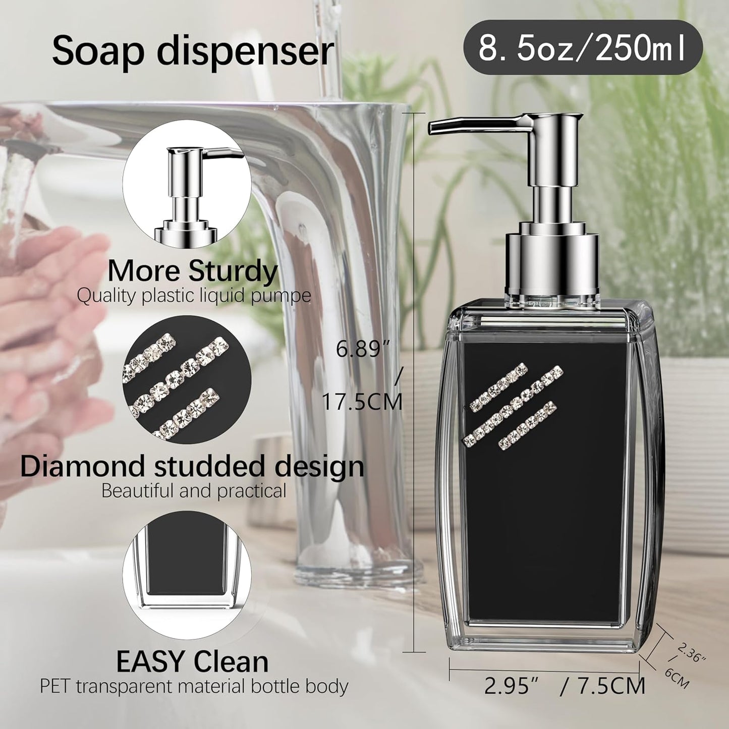 Black Soap Dispenser with Refillable Plastic Pump for Bathroom Sink or Kitchen Counter, Ideal for Hand Soap, Liquid Soap, Dish Soap, or Lotion Use