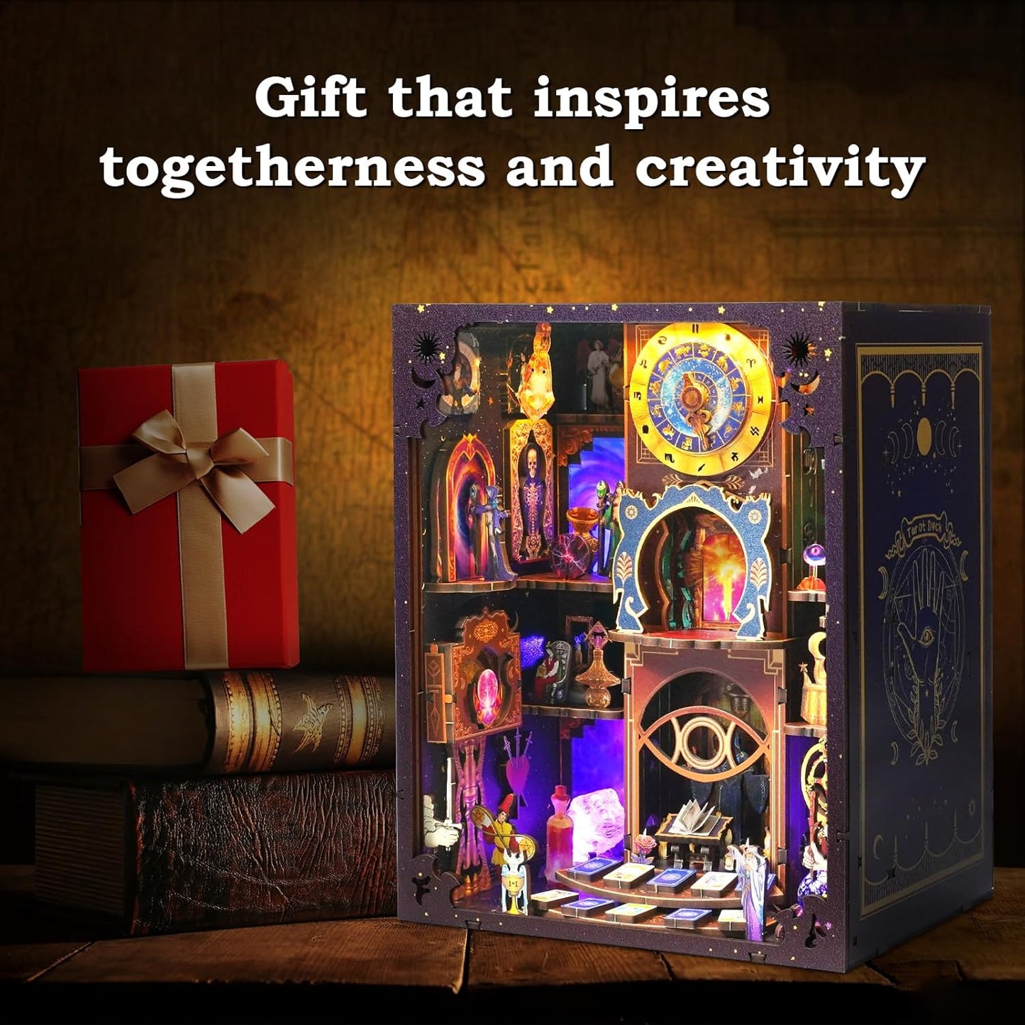 Book Nook Kit - DIY Miniature Dollhouse with LED Lights for Adults & Teens, Fantasy Tarot-Themed 3D Wooden Bookshelf Decor, for Craft Lovers