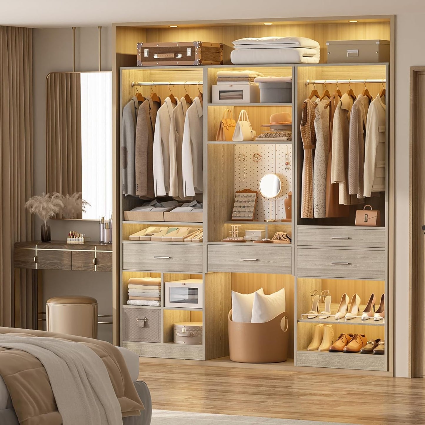 Unikito 75” Modular Closet System, Freestanding Closet Organizer with Hanging Rods, Drawers, Adjustable Clothes Garment Rack with Shoe Rack, Sturdy Walk in Closet Set for Bedroom, Mudroom, White Oak