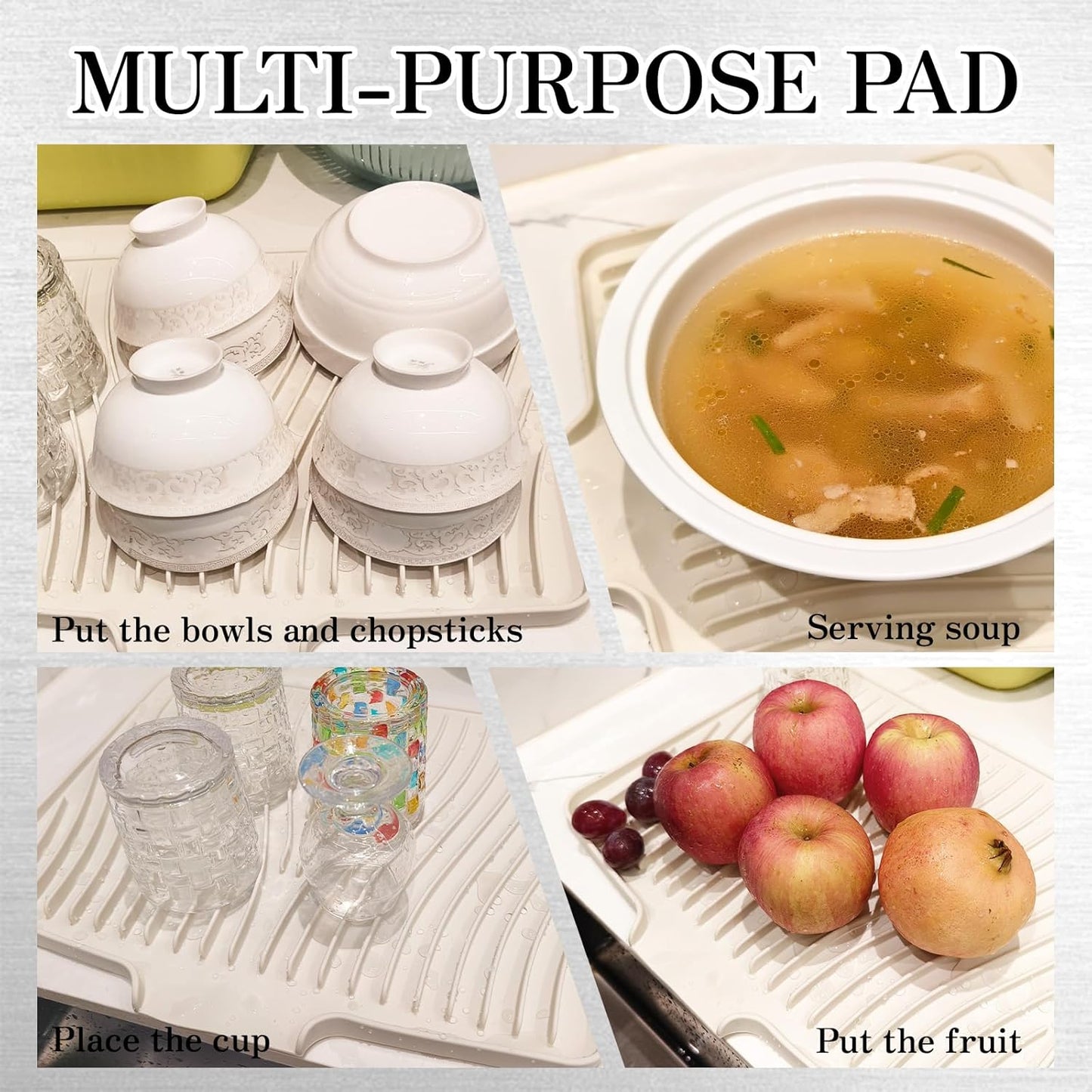 RoseFlower Dish Drying Mat, Large 15.7" x 13" Silicone Dish Mat Drying Kitchen Mat, Faucet Mat for Kitchen Sink, Dish Drying Mats for Kitchen Counter, Refrigerator or Drawer Liner - White