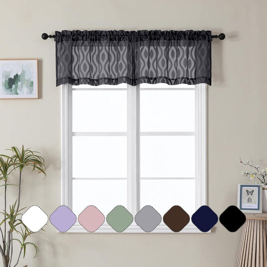 Aiyufeng Black Kitchen Curtains 14 Inch Length, Clip Jacquard Chic Wavy Line Black Valances for Windows, Lightweight Airy Rod Pocket Short Curtains for Bathroom Basement, 2 PCS, 40" Wx14 L Inches