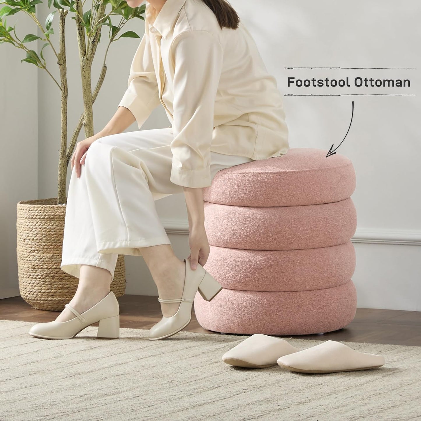 Round Ottoman with Storage Boucle Ottoman Stool Removable Lid for Living Room Modern Upholstered Vanity Storage Stool Foot Rest Bedroom Dorm Gifts Set of 2 (Pink)