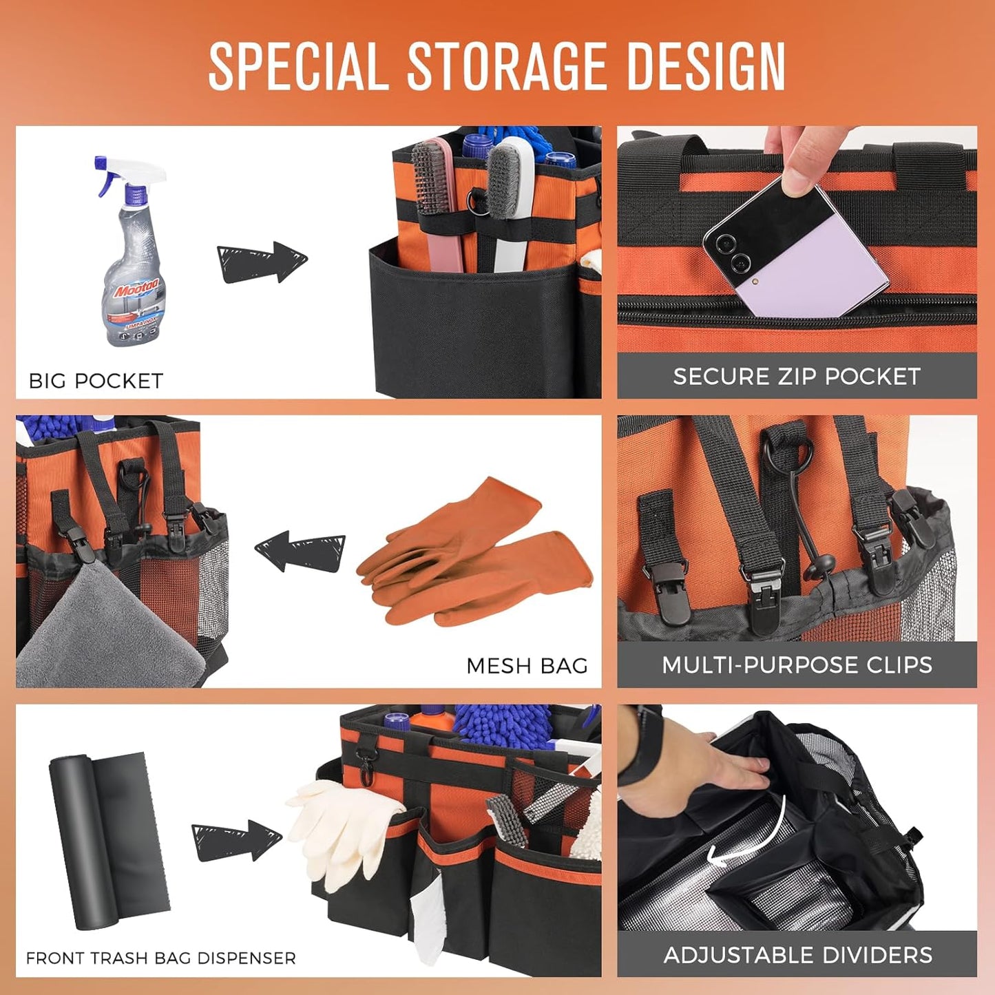 Wearable Cleaning Caddy, Cleaning Caddy Supplies Organizer with Handle & Shoulder Straps for Housekeepers, Under Sink & Car Cleaning Tool Organizers Bag with 4 Foldable Divider (RetroOrange)