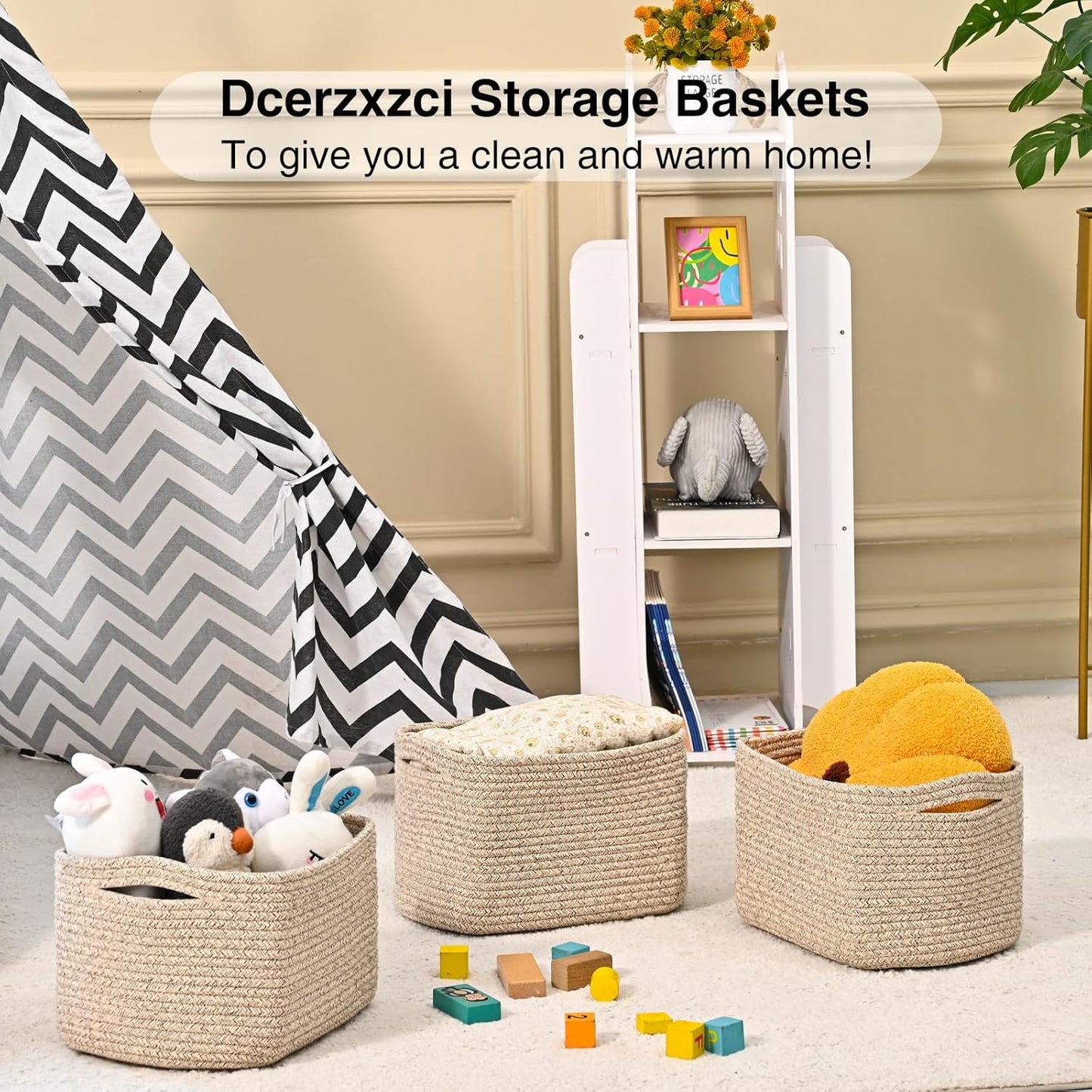 Small Storage Baskets for Organizing, Woven Storage Baskets for Shelves, Cotton Rope Basket for Storage, Cute Rectangular Book Toy Basket, 12.7"×9.1"×7.9", 4 Packs, Brown