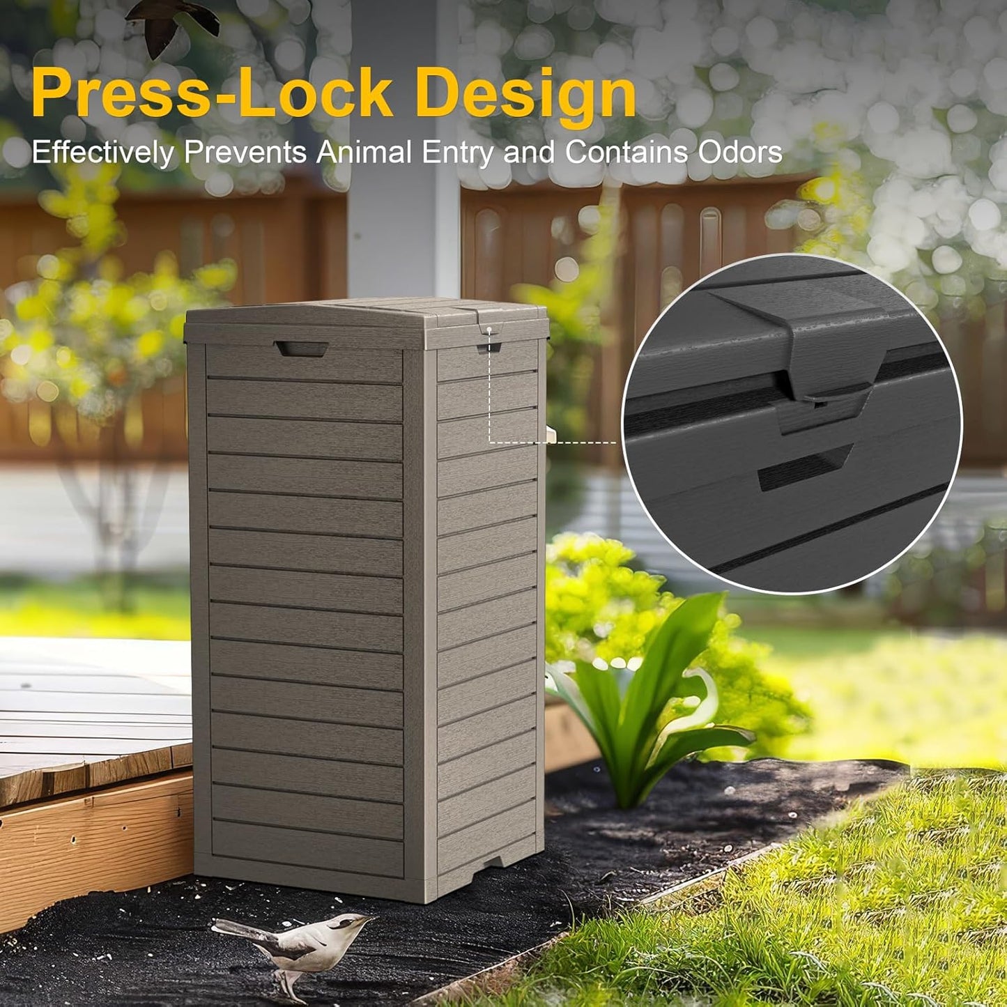 31 Gallon Outdoor Trash Can with Tiered Lid and Drip Tray,Waterproof Resin Waste Bin Indoor,Durable,Stylish,Lightweight Garbage Bin for Patio,Kitchen,Backyard and Office(Gray)