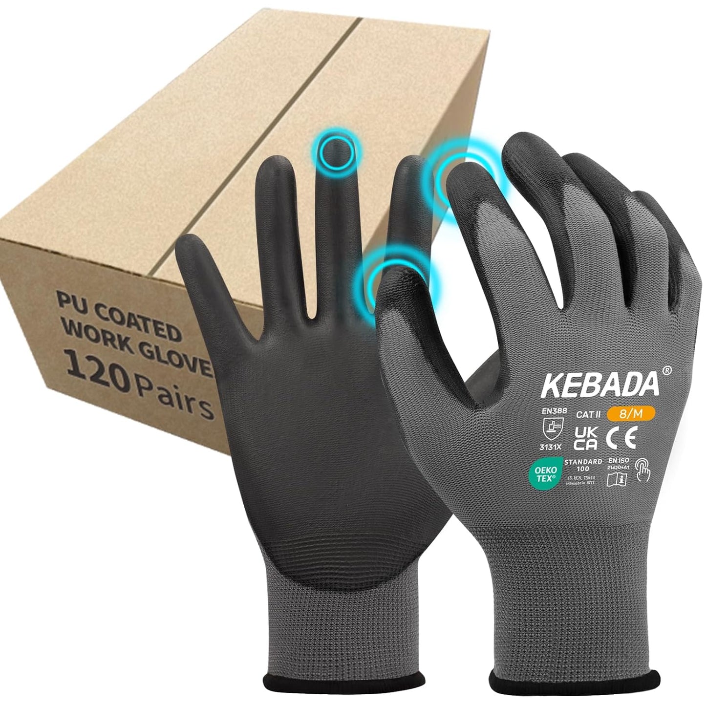 Kebada Safety Work Gloves,120 Pairs Bulk Pack, Touchscreen, PU Coated, Ideal for Warehouse, Construction, Gardening and Mechanics, Grey, XX-Large