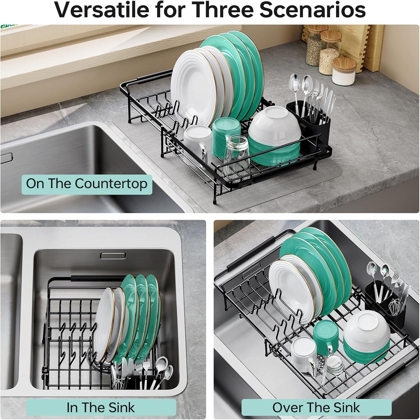 Dish Drying Rack in Sink - Expandable (14.5''-18''L) Over The Sink Dish Rack with Utensil Holder, Space-Saving Dish Drainer for Kitchen Counter, 1 Piece, Matte Black