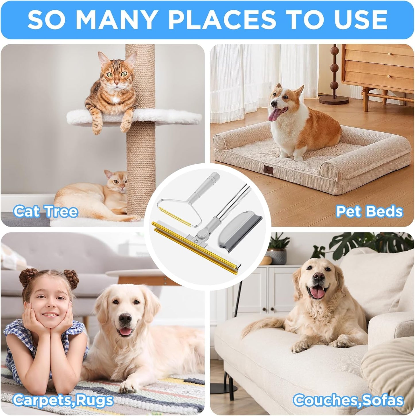 3 in 1 Carpet Rake for Pet Hair Removal, Tool Set of 3, 55” Long Handle Carpet Pet Hair Removal Carpet Scraper Dog Cat Hair Remover for Sofa, Couch, Car, Rug (Gray)