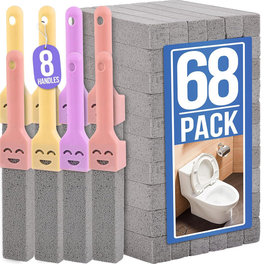 Navona 68 Pack Pumice Stone Scouring Sticks with 8 Universal Handles, Grey Pumice Cleaner for Toilets, Bathrooms & Multi-Surface Hard Water Stain and Limescale Removal