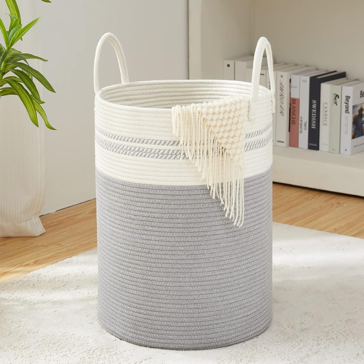 YOUDENOVA Woven Rope Laundry Hamper Basket, 58L Tall Luandry Basket, Baby Nursery Hamper for Blanket Storage, Clothes Hamper for Laundry in Bedroom-Grey